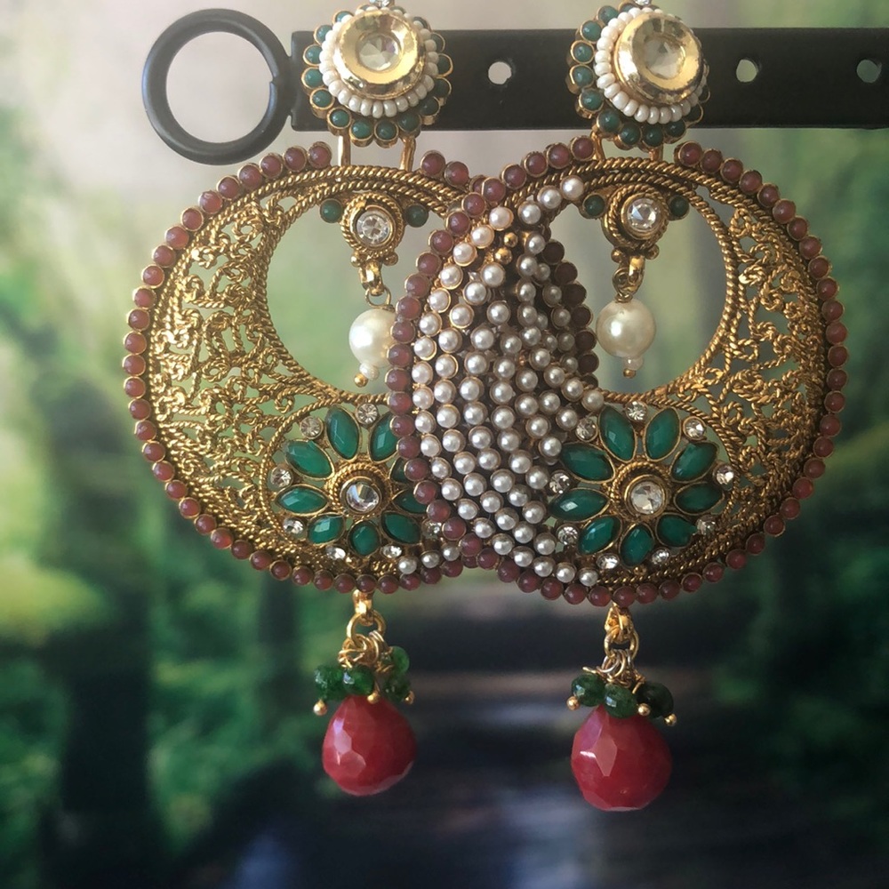 Hoop style green, gold and red Indian earrings